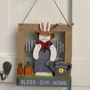 "Bless our Home" wooden plaque featuring a rabbit, 8.5x 7.5 inches, spring decor